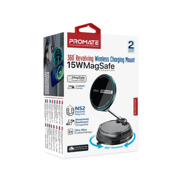 Promate SecureGrip™ 360° Cradleless 15W MagSafe Compatible Smartphone Charger Mount | REVO MOUNT-15W