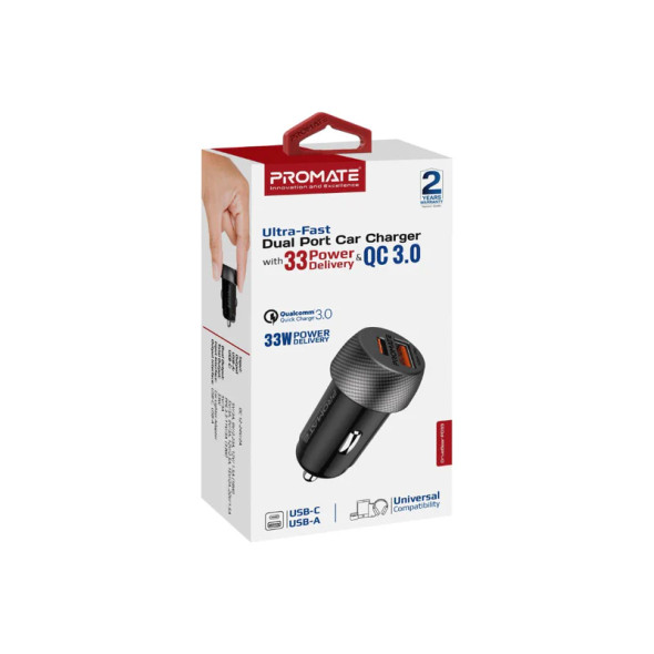 Promate 33W Power Delivery Dual Port Car Charger Combo with 60W Fast Charging USB-C Cable | DriveGear-33CC
