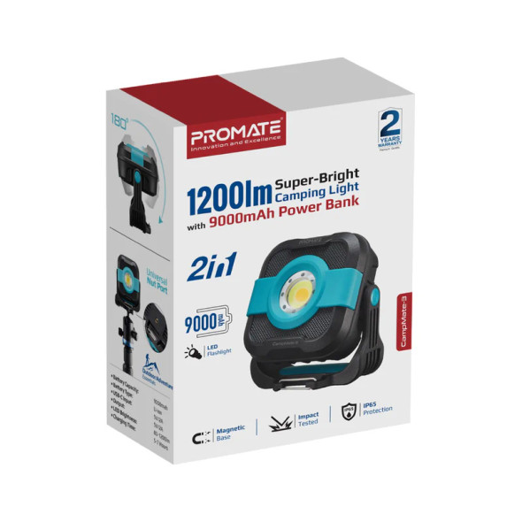 Promate 1200lm Super-Bright Camping Light With 9000mAh Power Bank | CampMate-3
