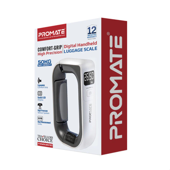 Promate Comfort-Grip High Precision Digital Handheld Luggage Scale - White | InstaScale-50