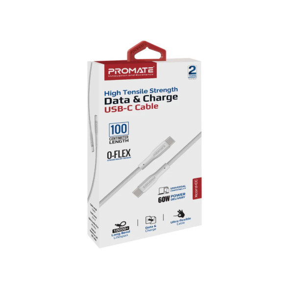 Promate High Tensile Strength Data & Charge USB-C Cable - White | XCord-CC300