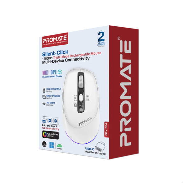 Promate Silent-Click 1600DPI Triple-Mode Rechargeable Mouse w/ Multi-Device Connectivity - White | Blix-3M