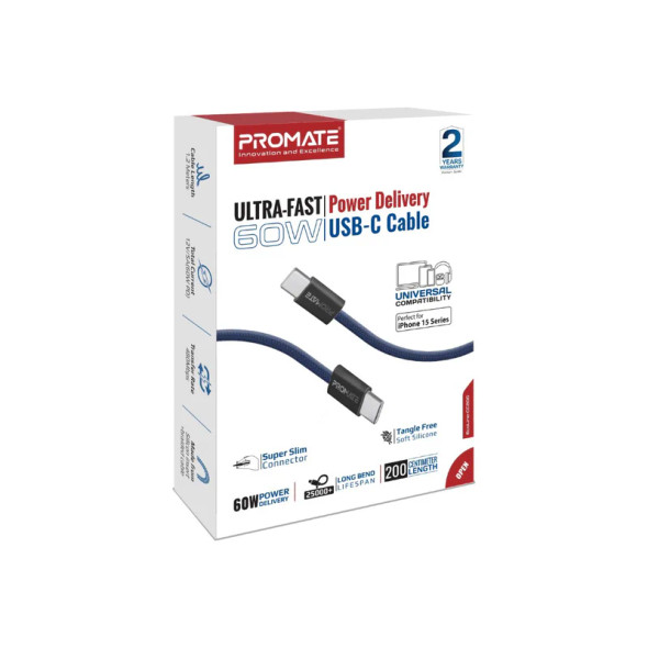 Promate Ultra-Fast 60W Power Delivery USB-C Cable - Navy | EcoLine-CC200
