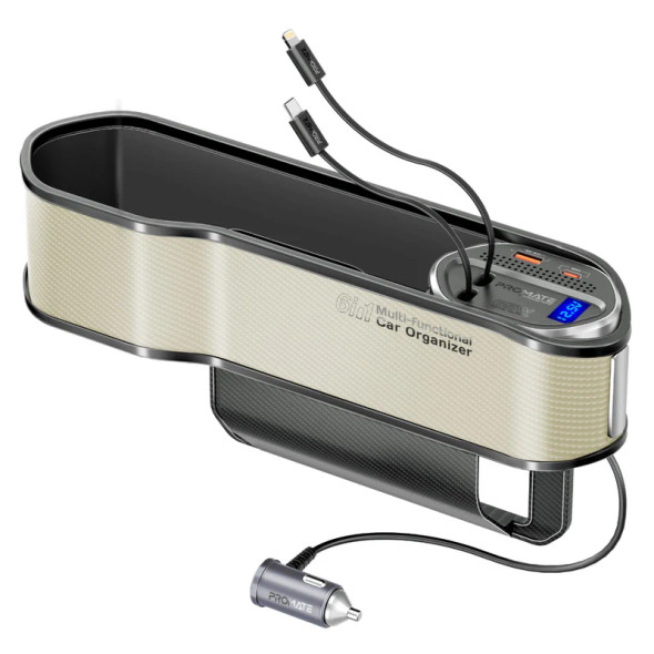 PROMATE 65W Multi‑Functional Car Organizer & Charging Station with USB‑C & Lightning Retractable Cables - Beige | CarMate‑RPD