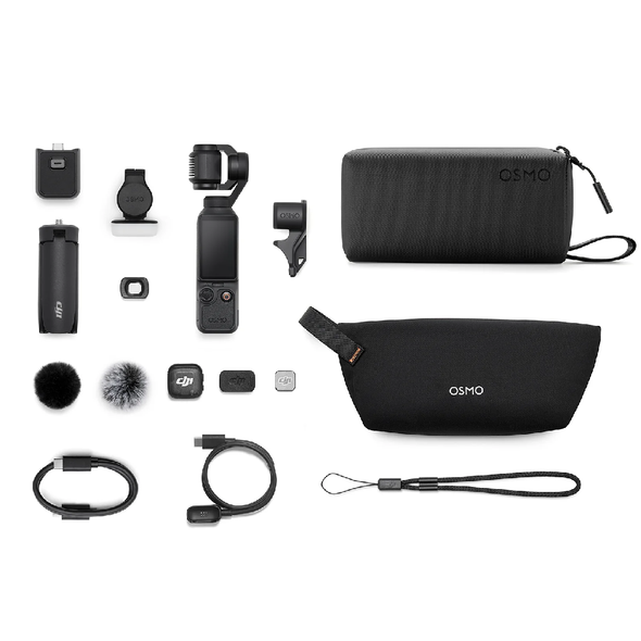 DJI Osmo Pocket 4 Creator Combo handheld gimbal camera with microphone, fill light, wide-angle lens, and tripod