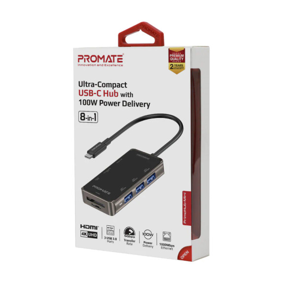 Promate Ultra-Compact USB-C Hub with 100W Power Delivery | PrimeHub-Mini