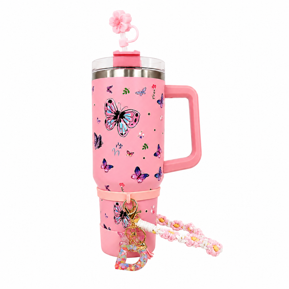 Butterfly Stainless Steel Double Wall Vacuum Insulated Tumbler 1200ml With Letter Charm - Baby Pink | C4094-BPK