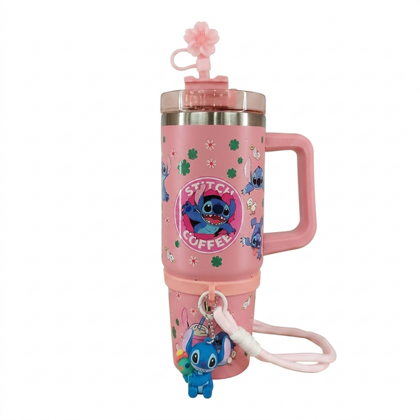 Stitch Coffe Stainless Steel Double Wall Vacuum Insulated Tumbler 1200ml With Stitch Character Charm - Baby Pink | C4087-BPK