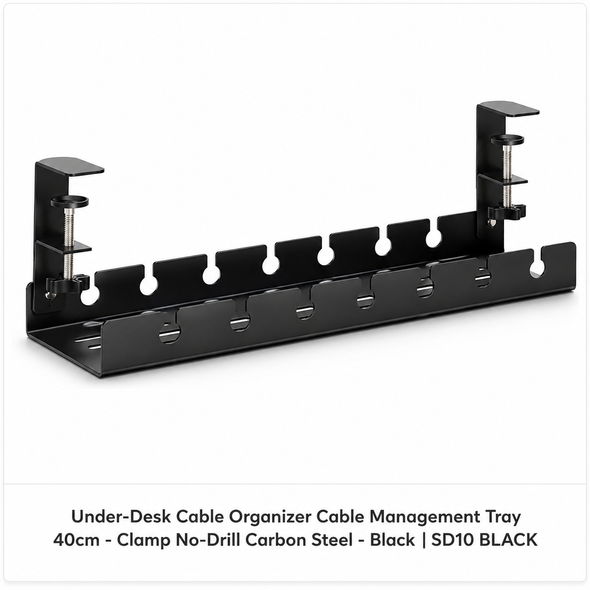 Under-desk cable organizer 40cm black carbon steel no-drill clamp tray