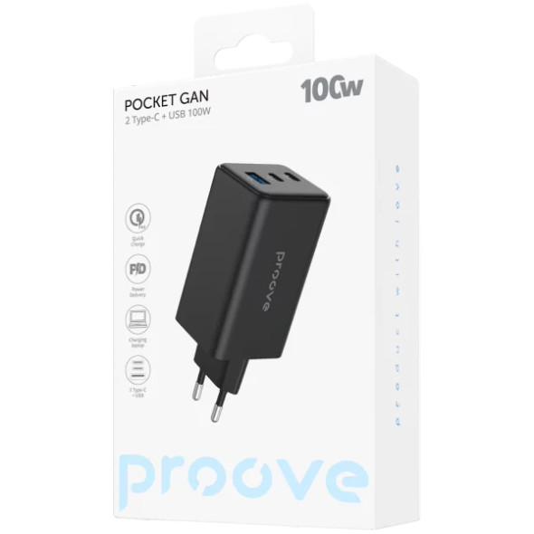 Proove Pocket GaN Max 100W Wall Charger 2 Type-C + USB - Black | WCPG10012201