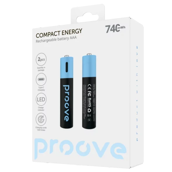 Proove Rechargeable AAA Batteries 2pcs Type-C 740mWh - Black | RBCE75010008