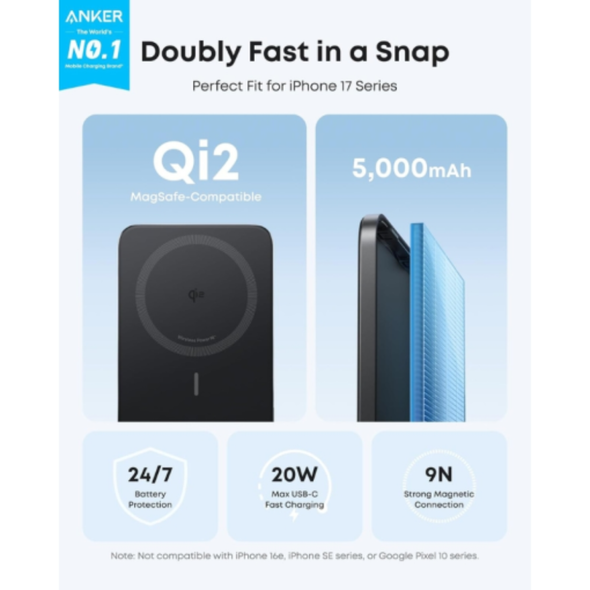 Anker Nano 5000mAh MagGo Slim Power Bank - Black | A1665H11