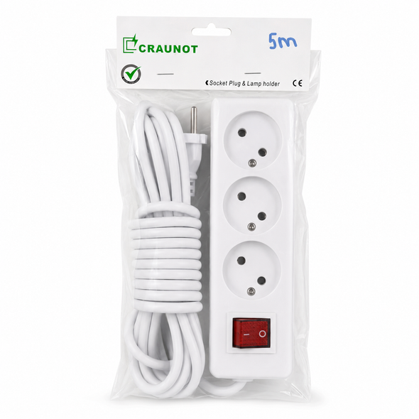 Craunot 3-Socket Power Strip with Switch 5m Cable
