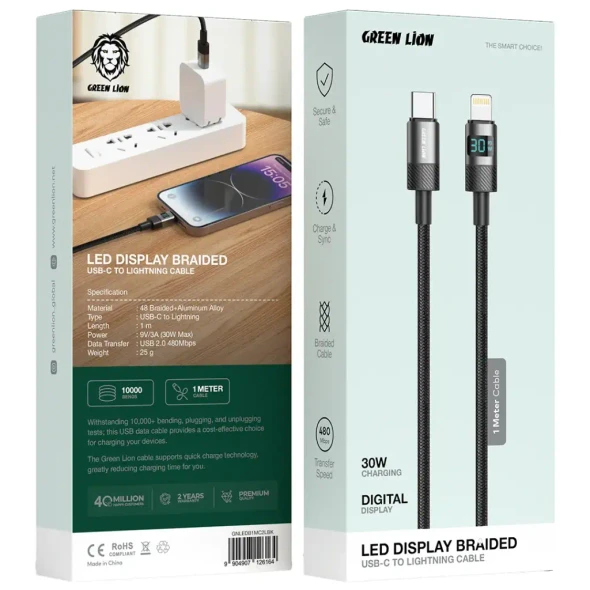 Green Lion LED Display Braided USB-C to Lightning Cable - Black | GNLEDB1MC2LBK