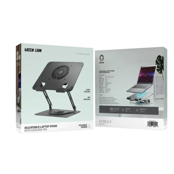 Green Lion Adjustable Laptop Stand with Cooling Fan- Black | GNAD360STDBK