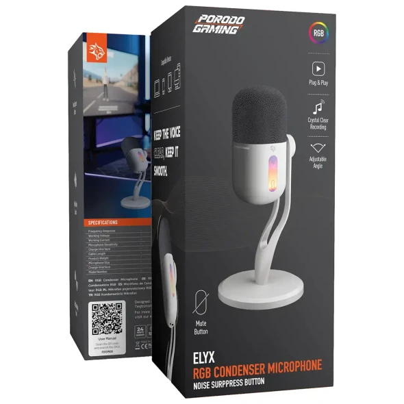 Porodo Gaming Elyx RGB Condenser Microphone with Noise Surppress Button - Black | PDX5MK06BK
