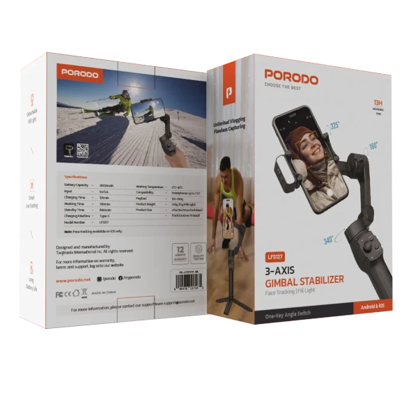 Porodo 3-Axis Gimbal Stabilizer Magnetic Fill Light - Black | PDLFST127BK