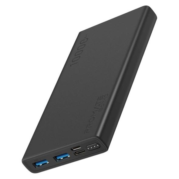 Promate Compact Smart Charging Power Bank with Dual USB Output - Black | Bolt-10