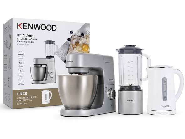 Kenwood Silver KM with Blender KHH01.120 + Cordless Plastic White Kettle ZJP01.A0 Bundle