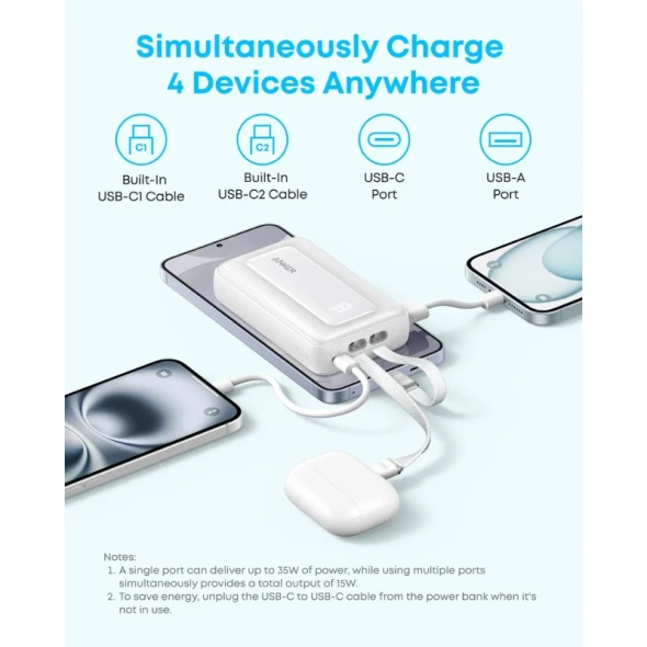Anker Zolo 10000mAh 35W Power Bank White A1680H22 with Built-in Dual USB-C Cables