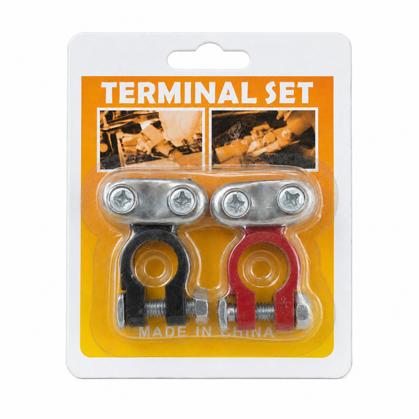 Battery Terminal Clamp Set BTC-002 red and black battery terminal connectors in blister packaging