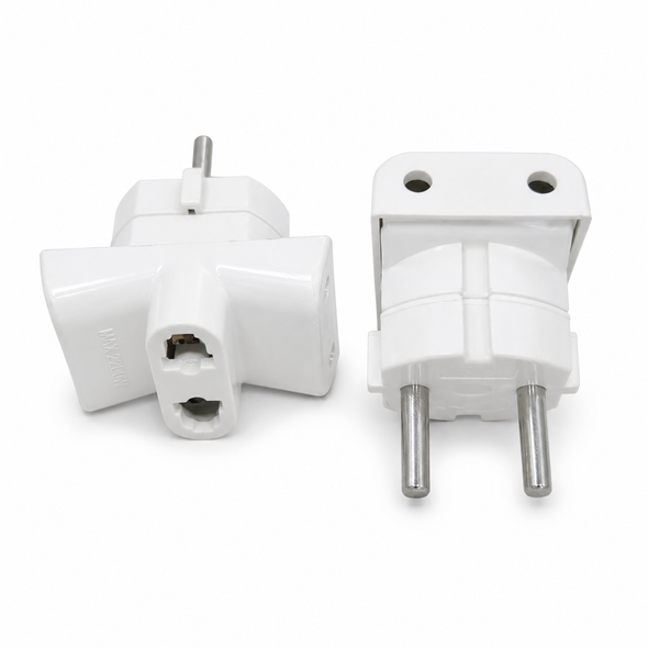 White 3-Way Universal Plug Adapter EU-3WAY-2200 with 2-pin EU plug and multi-directional sockets