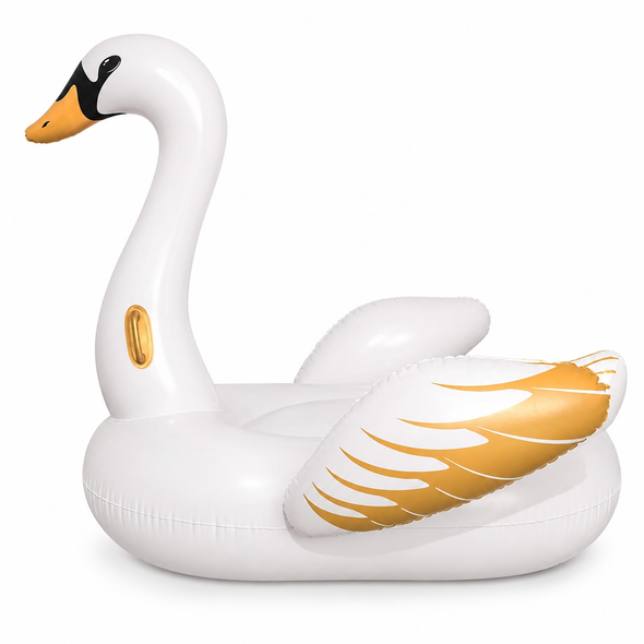 White and gold swan inflatable ride-on pool float with raised wings and grab handles 41123