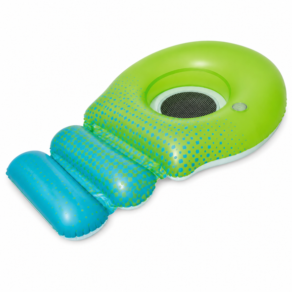 Green and blue inflatable pool lounge with mesh seat, footrest, and built-in holder 43138