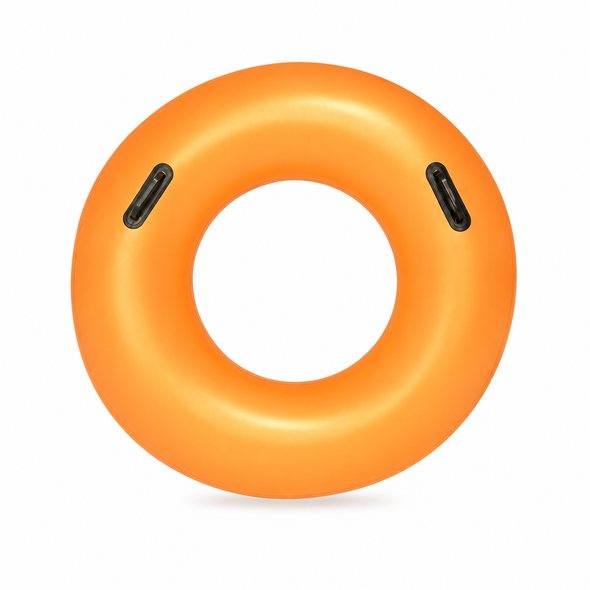Orange inflatable swim ring with two black grab handles model 36127