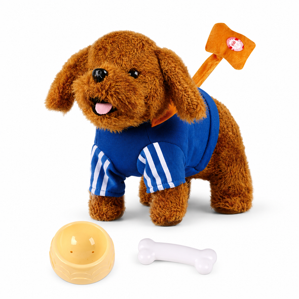 Brown Electronic Walking Plush Dog Toy with Music Bowl and Bone - YT26-36