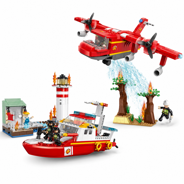 COGO Fire Rescue Sea Rescue Boat and Firefighting Aircraft Building Block Set - 3618/3620