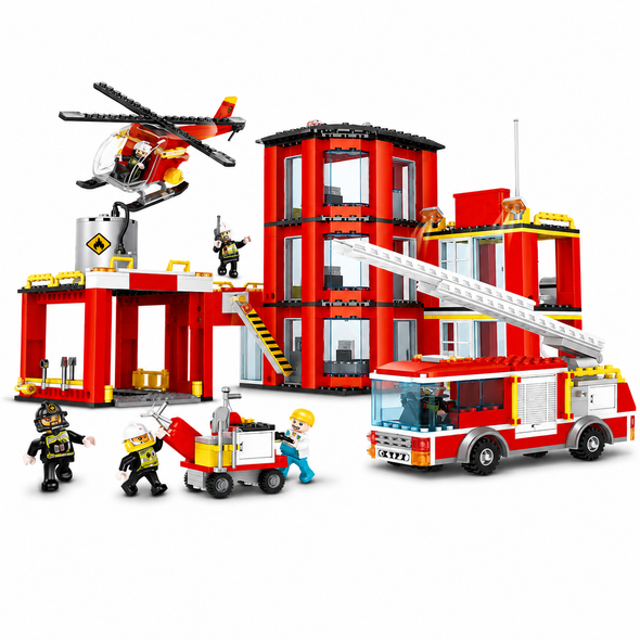 COGO Fire Station Building Block Set with Fire Truck Helicopter and Rescue Team - 4177