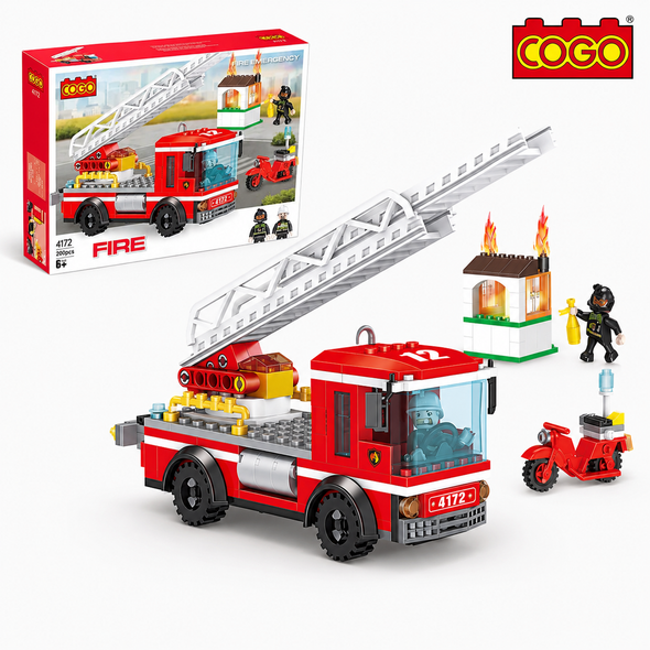 COGO 4172 Fire Ladder Truck 260-Piece Building Block Set with Rescue Motorcycle
