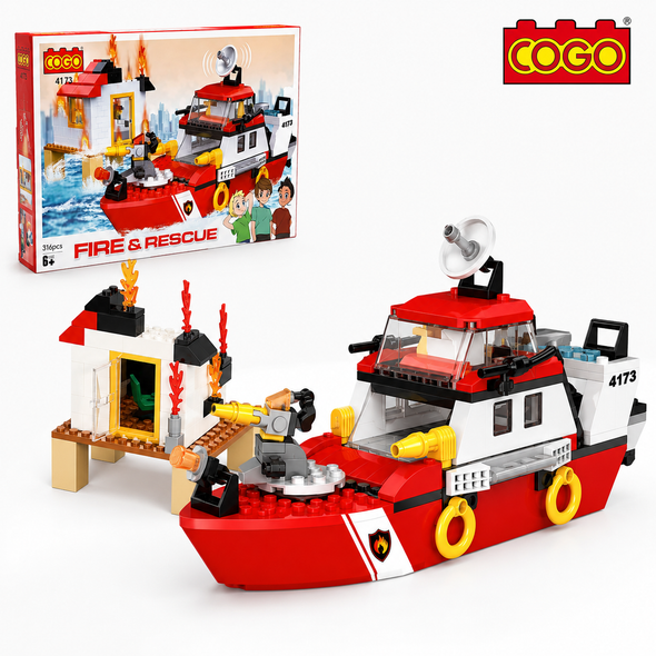 COGO 4173 Fire and Rescue Boat 316-Piece Building Block Set with Burning Building Scene