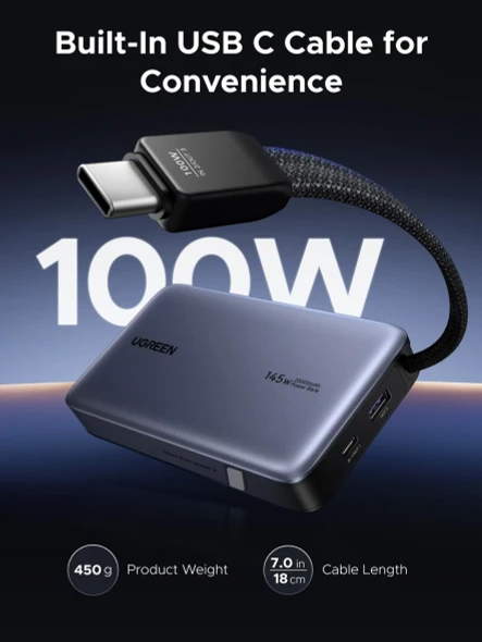 UGREEN Nexode PB551 20000mAh 145W Power Bank with Built-in USB-C Cable | 55992