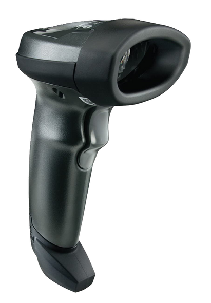 Zebra LI2208 black corded handheld barcode scanner with stand and USB cable front view