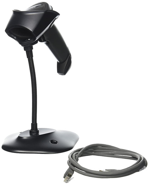 Zebra LI2208 black corded handheld barcode scanner with stand and USB cable front view