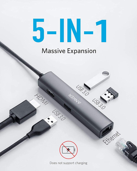 Anker USB C Hub Adapter, 5-in-1 USB C Adapter with 4K USB C to HDMI, Ethernet Port, 3 USB 3.0 Ports | A83380A2