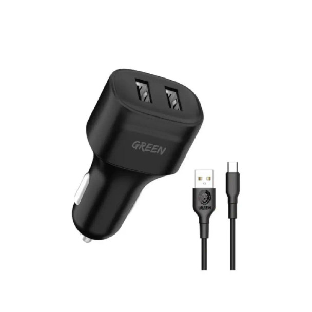 Green Compact car charger Dual Port fast charger + Cable USB to TYPE C,Black | GNCC24TYCBK