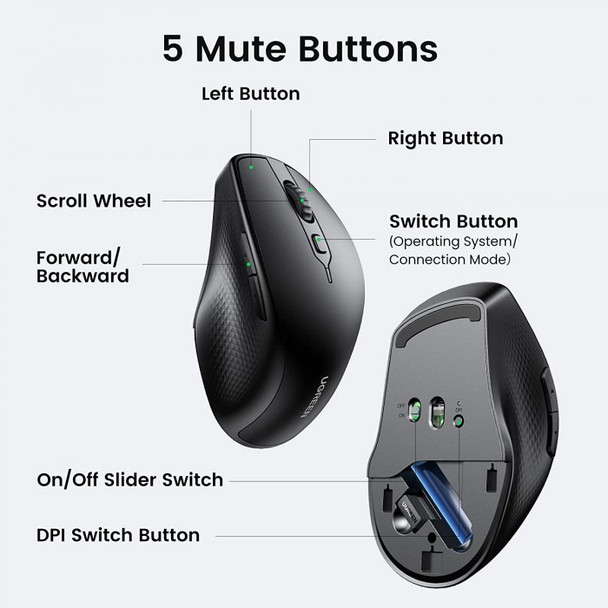 UGREEN Ergonomic, Silent Bluetooth & Wireless Mouse ,Black | 90395