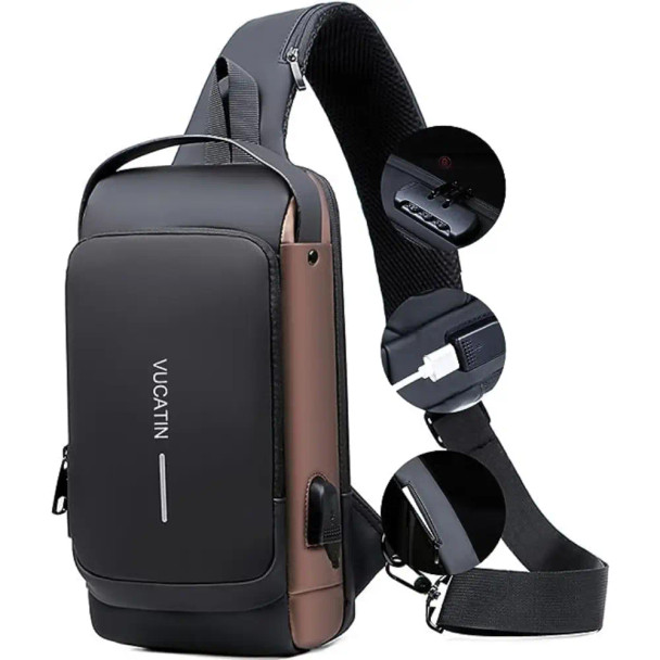 Crossbody Sling Bag, VUCATIN Body Chest Shoulder Bag for Men Women Casual Shoulder Backpack Bag, Waterproof Leather Chest Casual Daypack with Usb Charging Port for Travel Hiking (Brown)