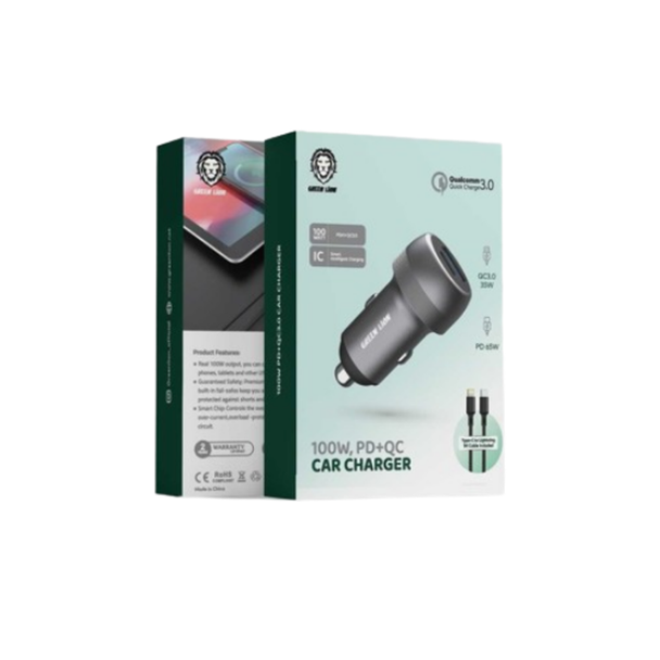 Green Lion PD and QC Car Charger With Type-C To Lightning | GN100WPDQLGGY