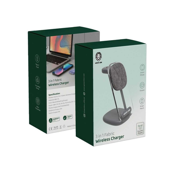 Green Lion 15W 3 in 1 Fabric Wireless Charger- Grey | GN3N1FAWIRCGY