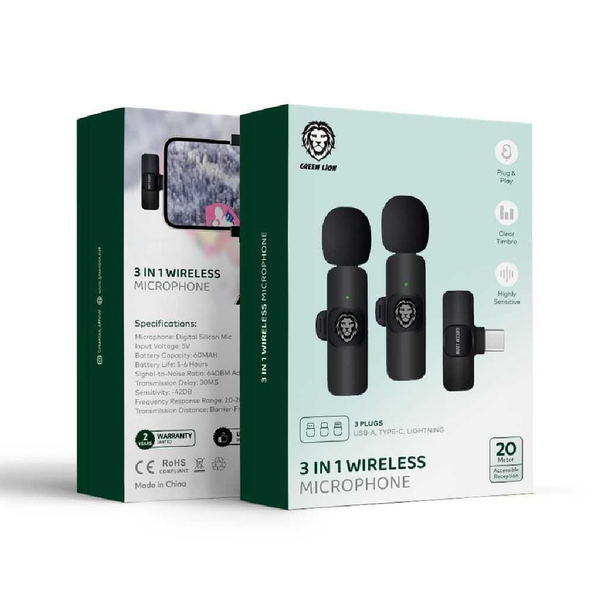 Green Lion 3 in 1 Wireless Microphone - Black | GN3WIRMICPBK