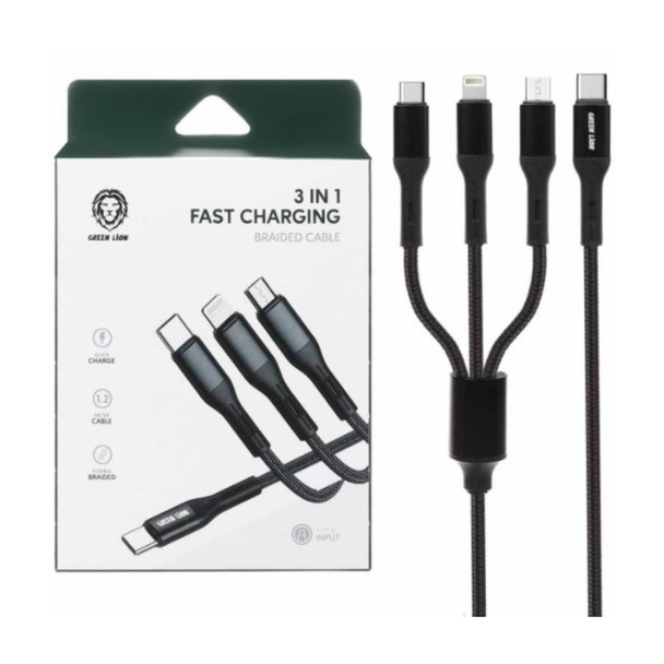 Green Lion 3 In 1 1.2m Fast Charging Braided Cable | GN3IN1CCBK