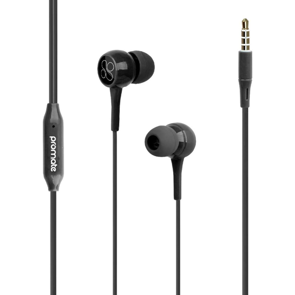 Promate Dynamic In‐Ear Stereo Wired Earphone with Inline Microphone | BENT.BLACK