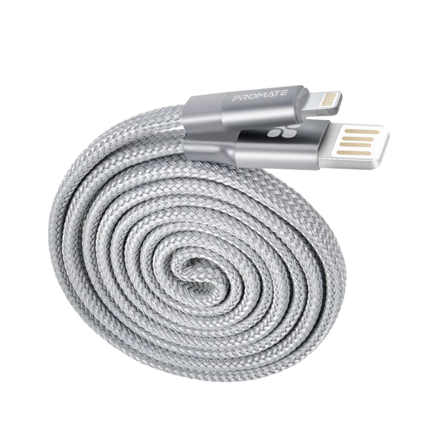 Promate Durable Aluminium Alloy Auto-Rolling Reversible USB-A to Lighting Cable with 2A Fast Charging | COILINE-I.GREY