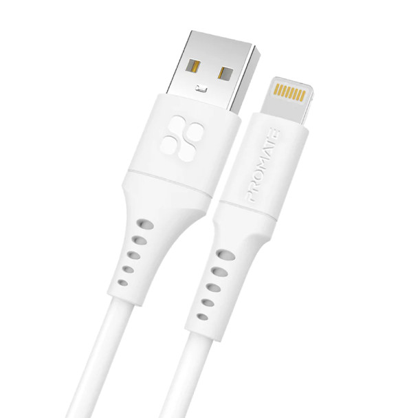 Promate USB-A to Lightning Data and Charge Flexible Silicon Cable, 2m Length,White| POWERLINK-AI200.WHITE