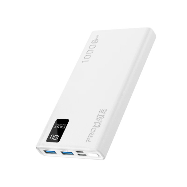 Promate 10000mAh Compact Smart Charging Power Bank - White | Bolt-10Pro