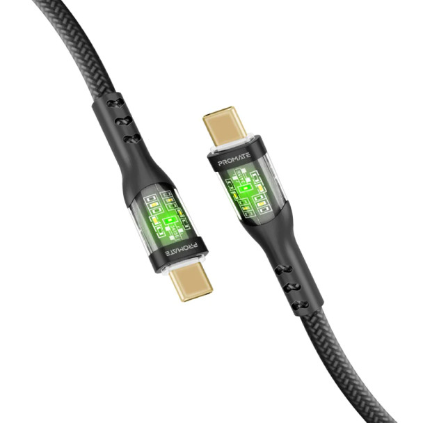 Promate 1.2m USB-C to USB-C Cable with Transparent Connectors & LED''s Supports 60W PD,Black | TRANSLINE-CC.BLACK